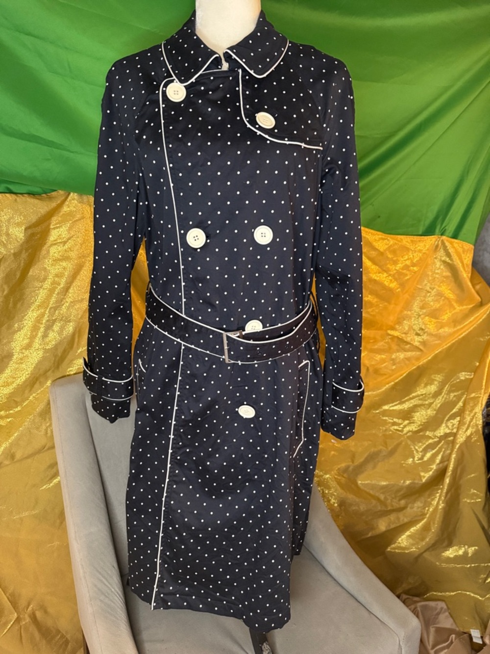 Bandolino Navy Polka Dot Trench Coat with White Piping